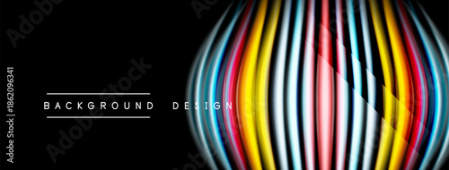 Abstract vibrant lines form ellipse shape. Dark background emphasizes colorful design elements. Modern aesthetic, dynamic composition.
