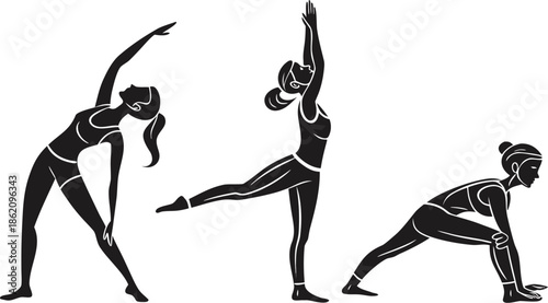 Yoga Poses Woman Silhouette, Set Isolated Over White Background.

Yoga Woman in Meditation Sitting in Lotus Pose Female Meditating.
 vector illustration set of female yoga poses in silhouette style.