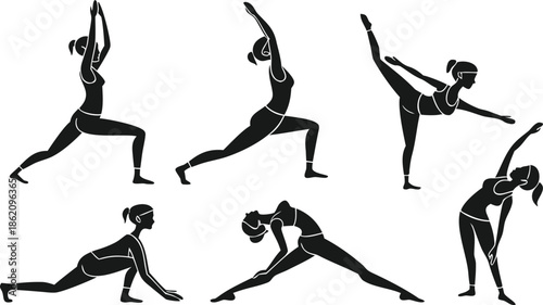 Yoga Poses Woman Silhouette, Set Isolated Over White Background.

Yoga Woman in Meditation Sitting in Lotus Pose Female Meditating.
 vector illustration set of female yoga poses in silhouette style.