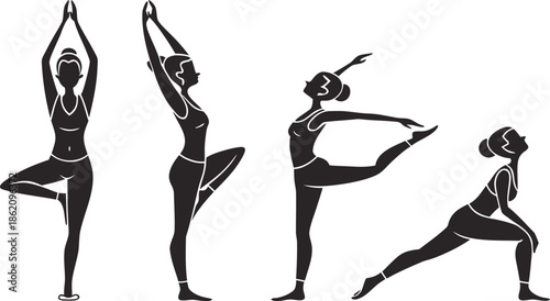 Yoga Poses Woman Silhouette, Set Isolated Over White Background.

Yoga Woman in Meditation Sitting in Lotus Pose Female Meditating.
 vector illustration set of female yoga poses in silhouette style.