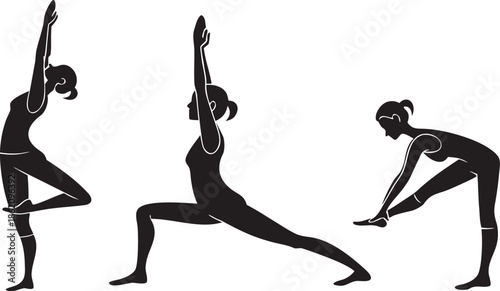 Yoga Poses Woman Silhouette, Set Isolated Over White Background.

Yoga Woman in Meditation Sitting in Lotus Pose Female Meditating.
 vector illustration set of female yoga poses in silhouette style.