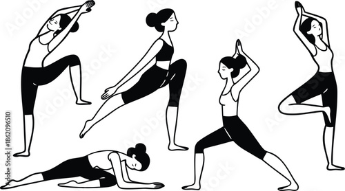 Yoga Poses Woman Silhouette, Set Isolated Over White Background.

Yoga Woman in Meditation Sitting in Lotus Pose Female Meditating.
 vector illustration set of female yoga poses in silhouette style.