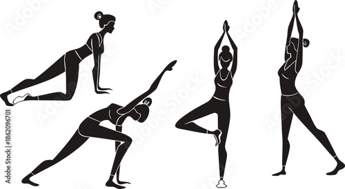 Yoga Poses Woman Silhouette, Set Isolated Over White Background.

Yoga Woman in Meditation Sitting in Lotus Pose Female Meditating.
 vector illustration set of female yoga poses in silhouette style.