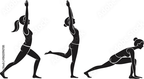 Yoga Poses Woman Silhouette, Set Isolated Over White Background.

Yoga Woman in Meditation Sitting in Lotus Pose Female Meditating.
 vector illustration set of female yoga poses in silhouette style.