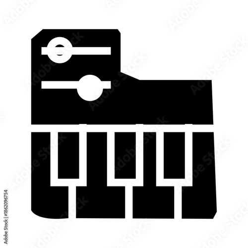 Black and white keyboard synthesizer icon isolated on white background. Flat vector illustration representing music production, piano keys, electronic instruments, audio equipment design.