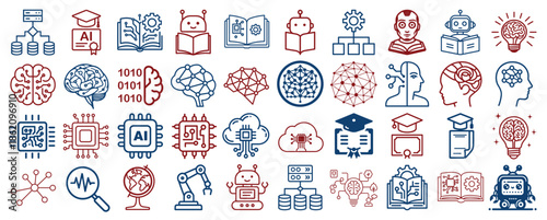 Artificial Intelligence Icons Collection in Minimalist Red and Blue Line Art