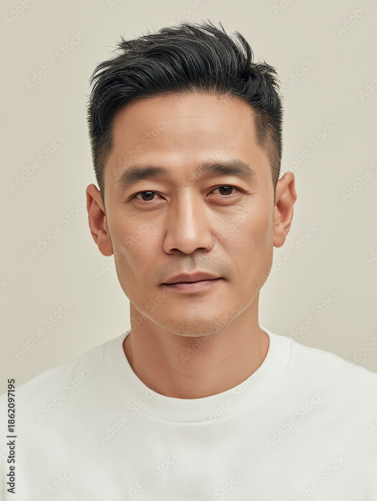 Obraz premium Side profile of a rugged middle-aged Asian man with short hair and stubble wearing a white t-shirt, natural lifestyle concept