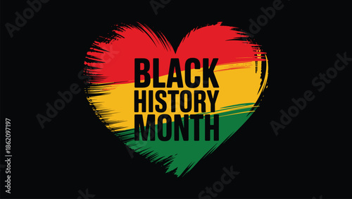Black History Month illustration with heart shape in African heritage colors symbolizing love, unity, culture, empowerment, equality and social justice awareness