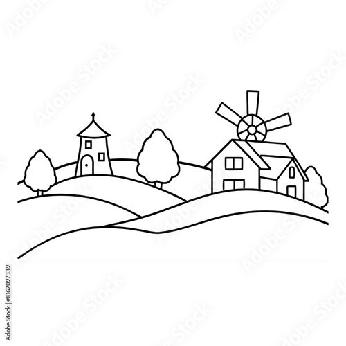 Rural Landscape Line Drawing Featuring Windmill, Church, Farmhouse, Trees, Hills, and Peaceful Countryside Scene