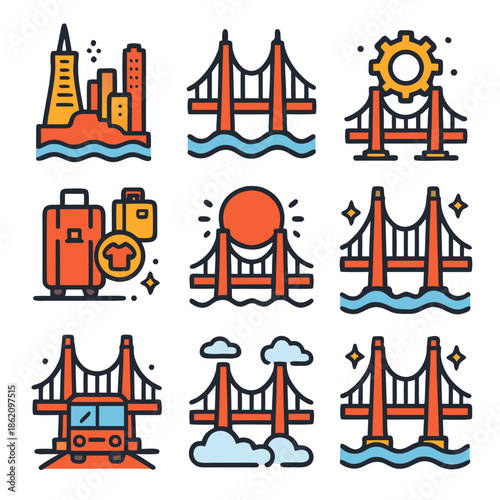 Golden gate bridge themed icons to represent san francisco, suitable for travel publications, posters, websites, and promotional materials.