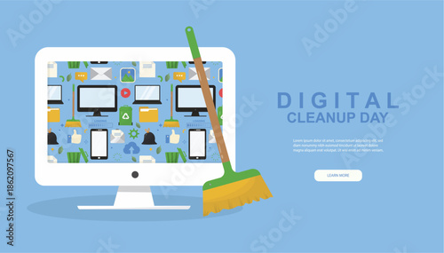 broom sweeping a computer screen filled with icons like files, emails, and apps for Digital Cleanup Day, ideal for landing pages and awareness campaigns. Cleanup data concept. Vector illustration