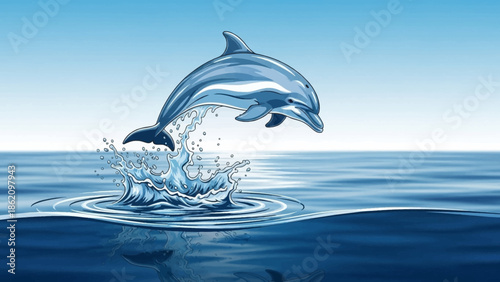 Ocean Acrobat: A sleek dolphin leaps with dynamic grace from the ocean, creating a splash of glistening water against a tranquil sea.