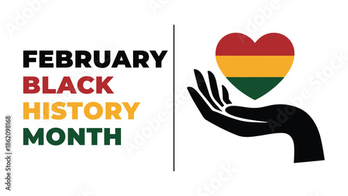 February Black History Month illustration with supportive hand holding heart in heritage colors symbolizing love, unity, equality and African American pride