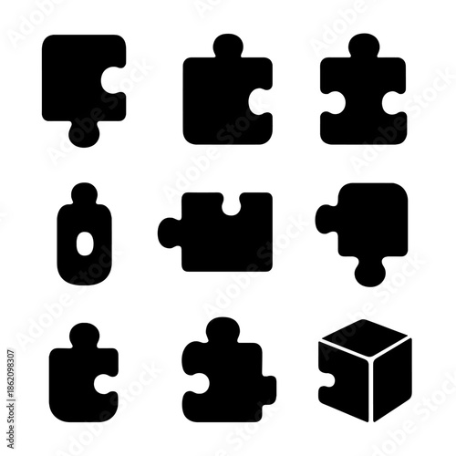 Nine puzzle pieces and cube on gradient background