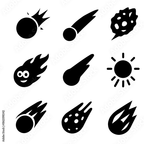 Nine black meteor icons on gray background