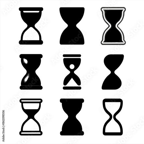 Nine silhouette hourglasses on gradient background - time symbol collection
