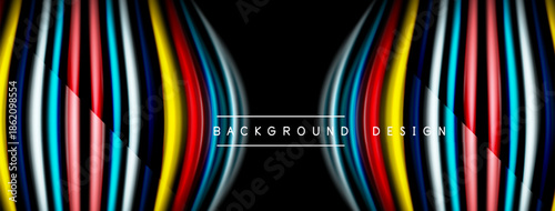 Abstract colorful lines create dynamic wave shapes against black background. Modern design element for digital projects.