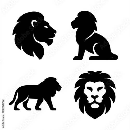 Silhouetted lion icons: majestic symbols in black and white