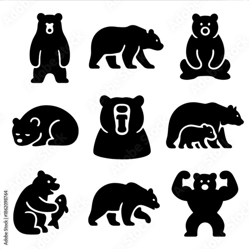 Set of bear silhouettes featuring different poses and styles