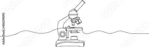 Continuous single line drawing of a laboratory microscope. Line art vector illustration of microscope equipment. Science and research concept for microbiology and medical studies.eps