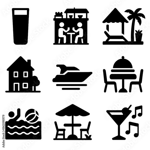 Leisure and travel icons set featuring dining, pool, and beach activities