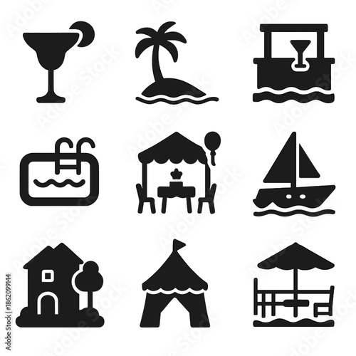 Black silhouette icons of summer activities and travel destinations