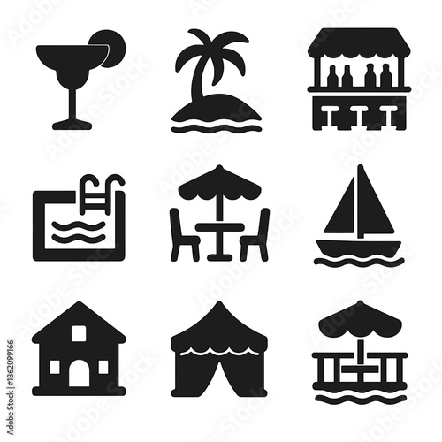 Black silhouette icons of leisure activities and vacation spots