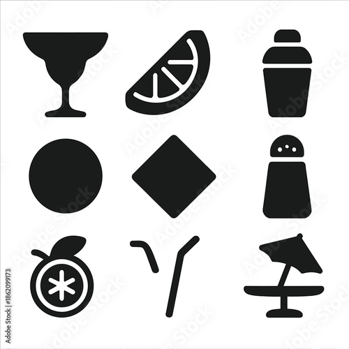 Black cocktail icons set on gray background for bar and restaurant graphics