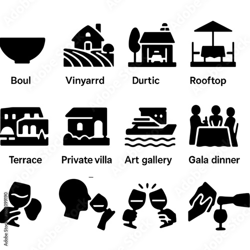 Silhouettes of vinyard, rooftop, and gala dinner icons on gray background