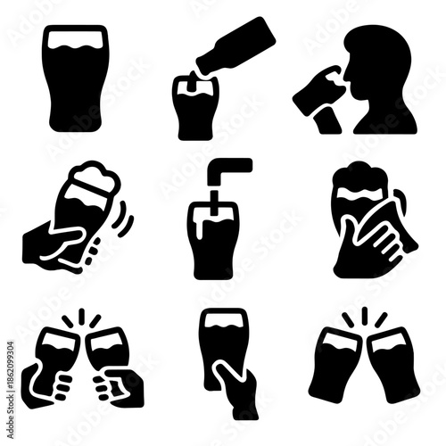 Beer glass icons collection featuring drinking and toasting illustrations