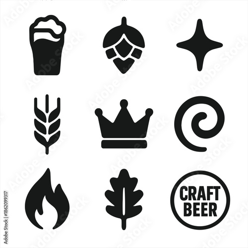 Craft beer icons set featuring hops, wheat, and crown symbols