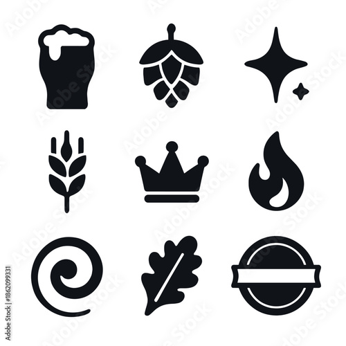 Beer icons set featuring hops, pint, flames, crown, and leaf symbols