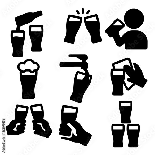 Silhouette icons of beer glasses and toasting celebrations