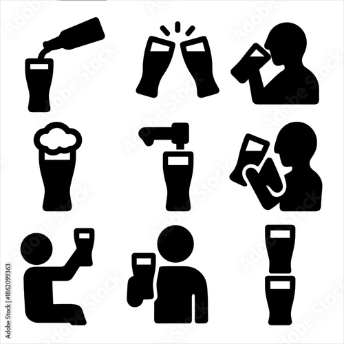 Beer icons set: pouring, clinking, drinking, foam, and mug silhouettes