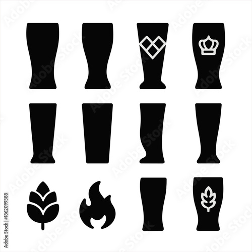 Silhouette beer glass icons featuring unique symbols and designs