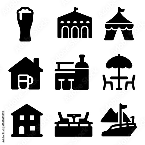 Icon set of beer festival elements: tents, pubs, boats, houses, silhouettes, travel