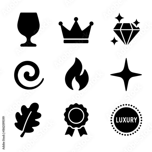 Elegant icons of luxury - crown, diamond, and more on gray background