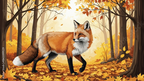 Autumn Fox in Forest: An orange fox, with its thick fur and alert posture, traverses an autumnal forest floor strewn with fallen leaves, creating a vivid tableau of fall.