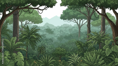 Emerald Canopy: A dense, verdant jungle scene teems with life, with lush trees reaching towards the sky and a breathtaking mountain range fading in the distance. 
