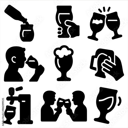 Black silhouette icons of beer glasses and toasting in various scenes