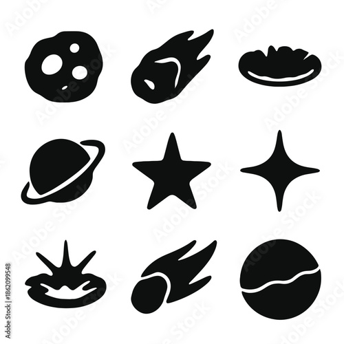 Minimalist space icons set featuring meteor, planet, star, and galaxy elements