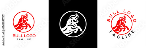 Modern Red and White Bull Logo Design Template Set with Circular Emblem and Editable Text for Business Branding