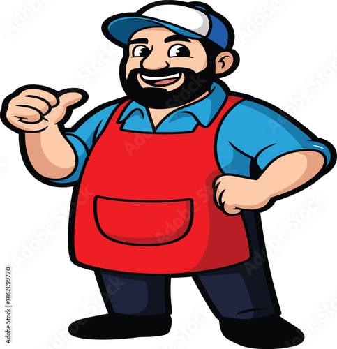 Friendly cartoon man in red apron pointing at you with a smile
