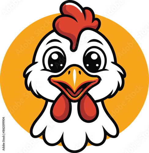 Cartoon chicken with happy expression on orange background