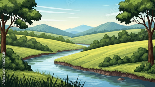 Serene River Landscape: A breathtaking panorama of a tranquil river meandering through rolling green hills, under a vast, cloud-streaked sky, evoking a sense of calm and natural beauty.