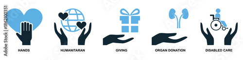 Set of charity donation icon vector for fundraising apps. Ideal for philanthropy, volunteering, giving money, food drives, and non-profit organization symbols.