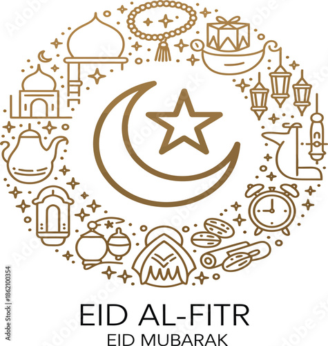 Eid Al-Fitr celebration icons with crescent moon and star