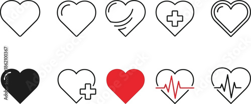 Collection of heart icons in various styles and colors