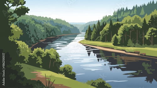 Serene River Vista: A tranquil river meanders through a lush valley, with rolling hills and verdant trees lining its banks under a bright, clear sky, capturing the essence of unspoiled beauty. 