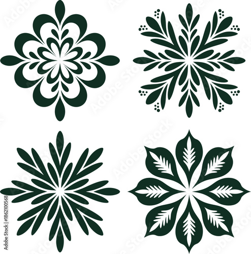 Elegant floral patterns in dark green and white